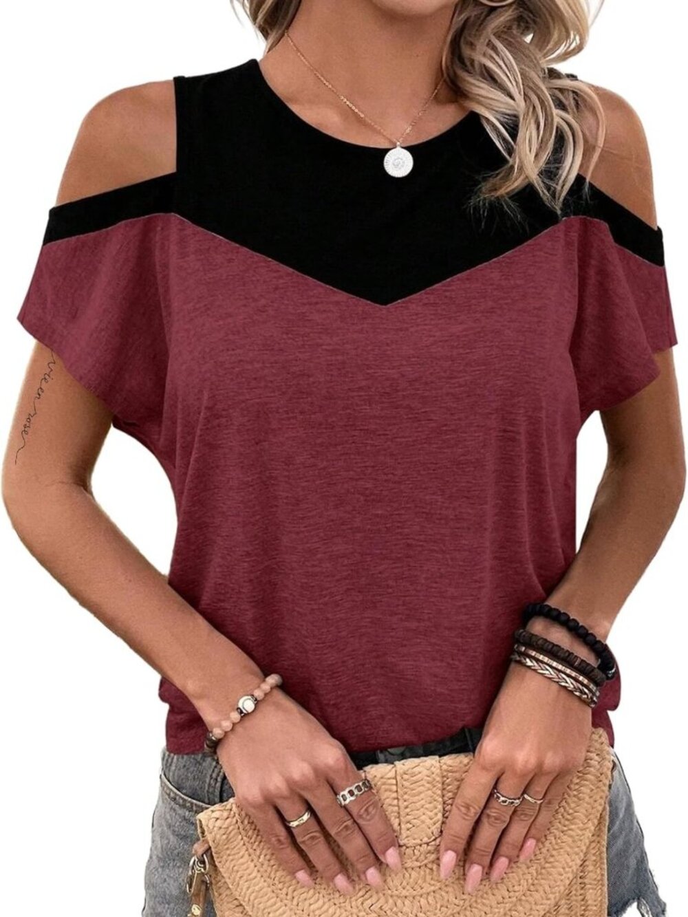 Color Block Cold Shoulder Top for Women | Trendy Cut Out Style, Casual Chic